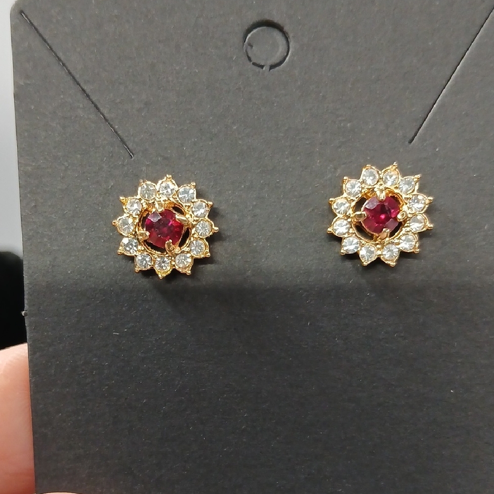 Elegant Heavy Gold Plated and Red And White Rhinestones Stud Earrings